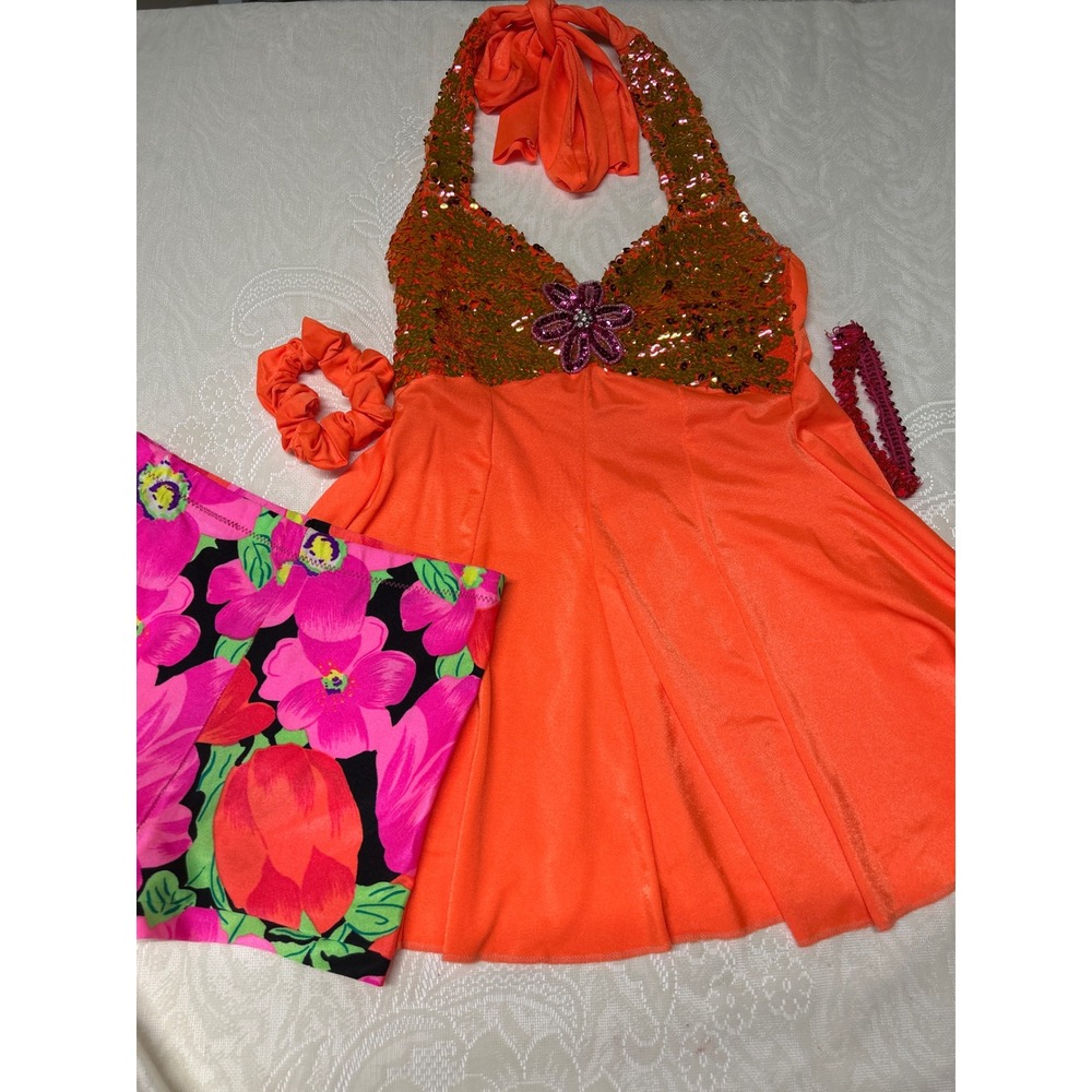 Vintage 90s Dance Skate Costume Orange Sequin Halter Dress Floral Shorts Y2K Set